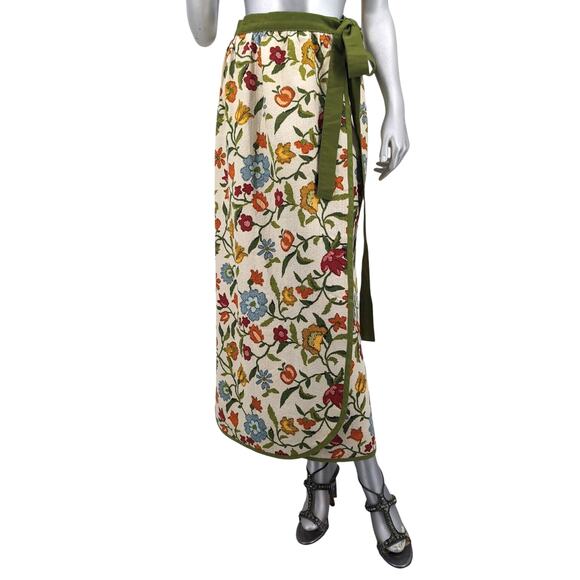 Beautiful Heavy Textured Cotton MAXI WRAP SKIRT Vintage 1970's ~ Jacobean Floral - Picture 3 of 11